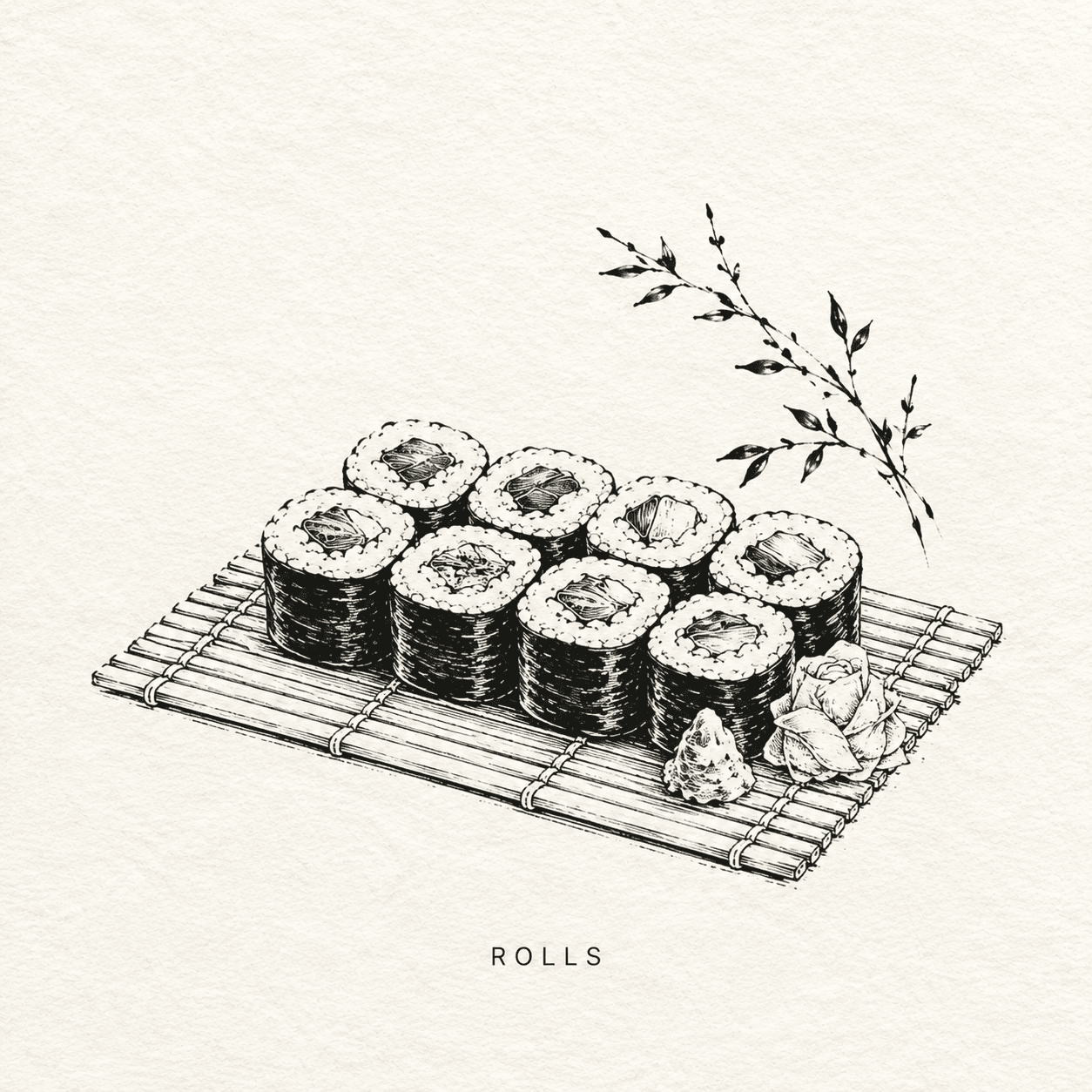 Black-and-white Japanese-style illustration of sushi rolls arranged on a bamboo mat with wasabi, pickled ginger, and a small leafy branch accent on a textured cream background.