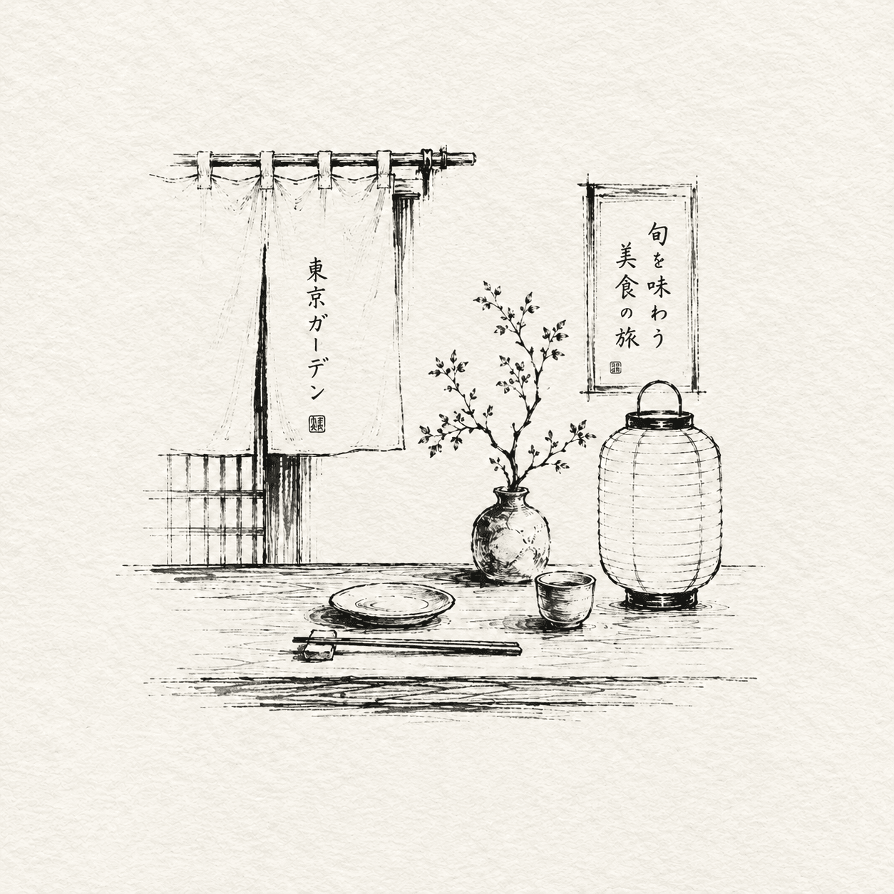Black-and-white Japanese-style illustration of a calm restaurant setting with noren curtains, a table setting, chopsticks, a small cup, a flower vase, a paper lantern, and Japanese wall art on a textured cream background.