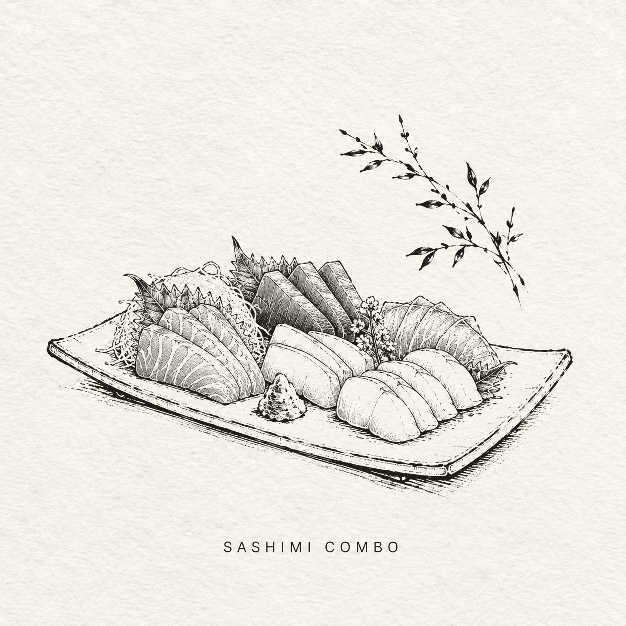 Black-and-white Japanese-style illustration of assorted sashimi slices arranged on a long serving plate with garnish, wasabi, and a small leafy branch accent on a textured cream background.