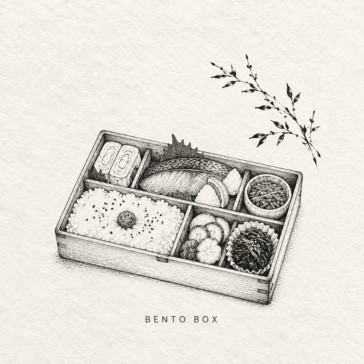 Japanese ink-style illustration of a bento box with rice, fish, rolled egg, pickled vegetables, and side dishes arranged in separate compartments on a textured paper background.